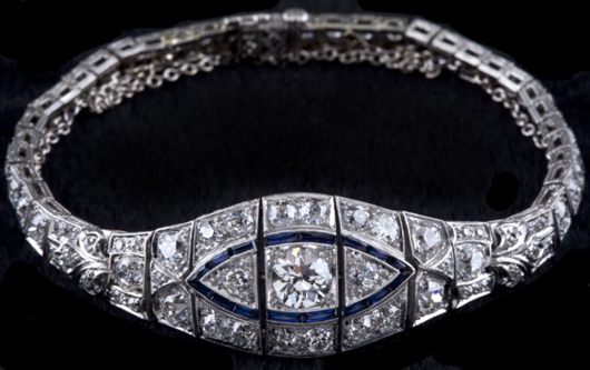 Important, fine form Art Deco diamond and sapphire bracelet made circa 1930s ($12,075). Photo courtesy of Leland Little Auction & Estate Sales Ltd.